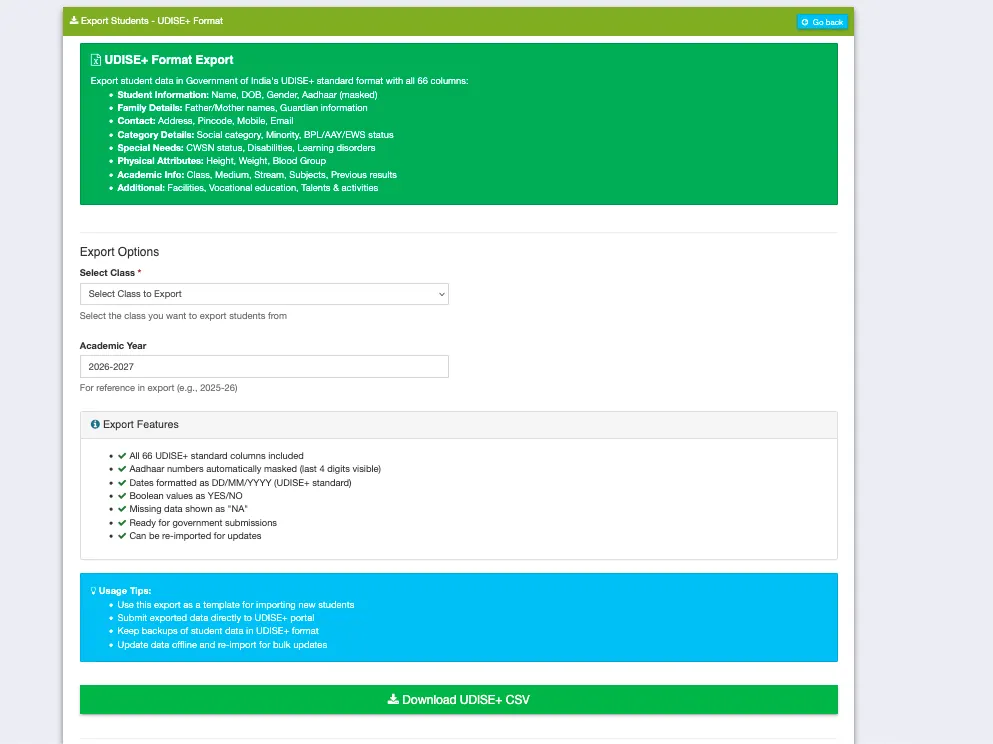 udise plus student module 2025-26